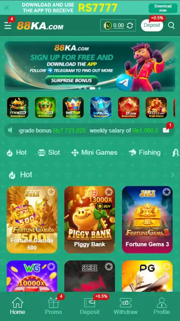 88 KA Game App latest version homescreen interface showing daily bonus, games lobby, and real money withdrawal options in Pakistan