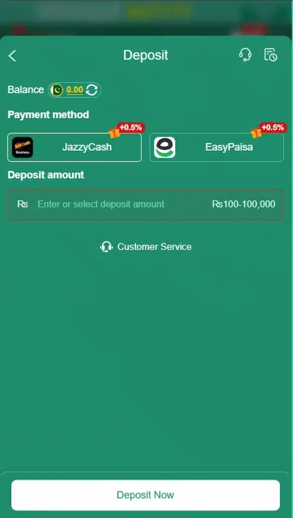 88 KA Game deposit page showing Easypaisa and JazzCash payment options for real money recharge in Pakistan