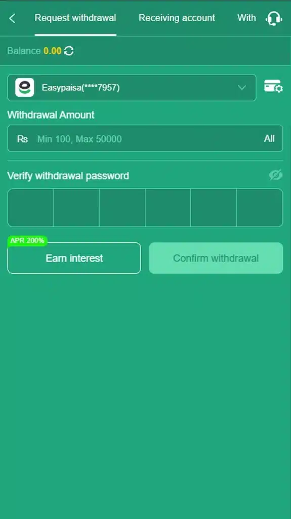 88 KA Game withdrawal section showing account binding and payout options for Easypaisa and JazzCash in Pakistan