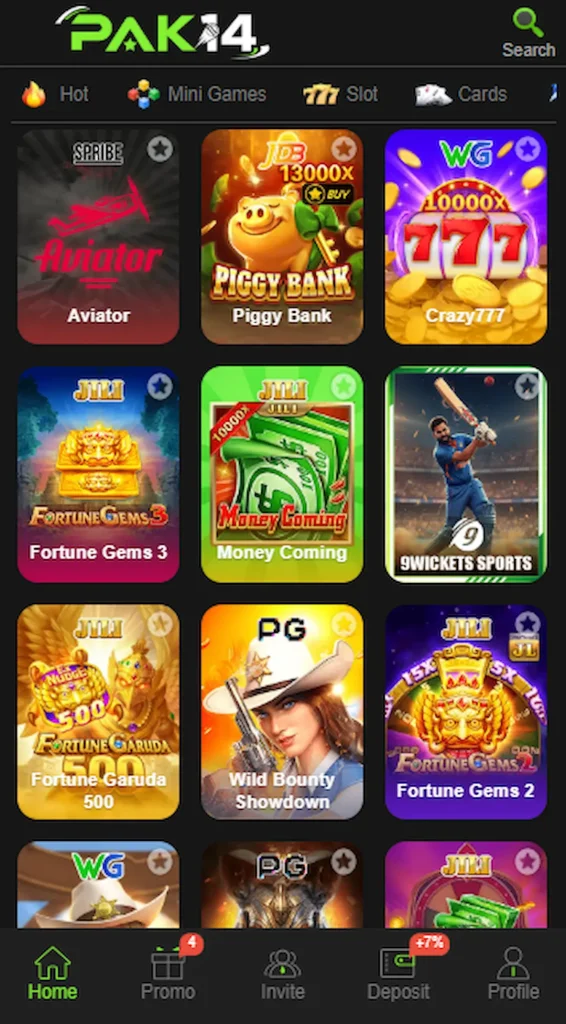 A vibrant screenshot showing the main dashboard of the PAK 14 Game with multiple arcade, card, and prediction mini-games available for players.