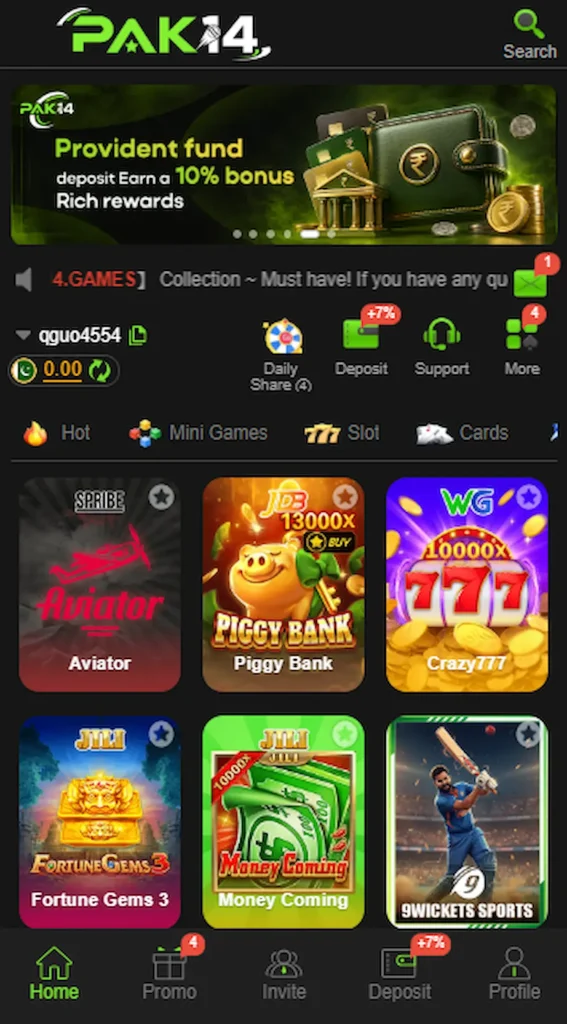 A vibrant screenshot showing the main dashboard of the Pak14 Game with multiple arcade, card, and prediction mini-games available for players.