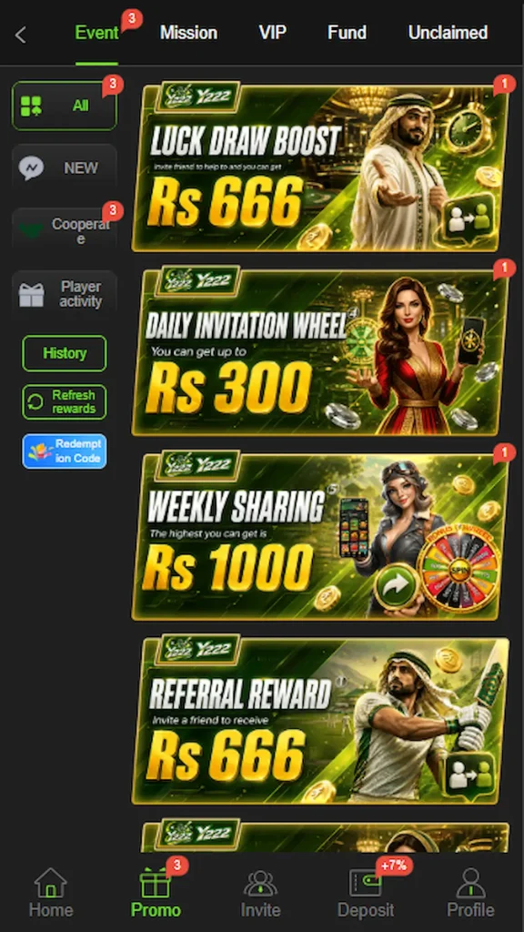 Y 222 Game promo page showcasing current offers and promotional gaming details