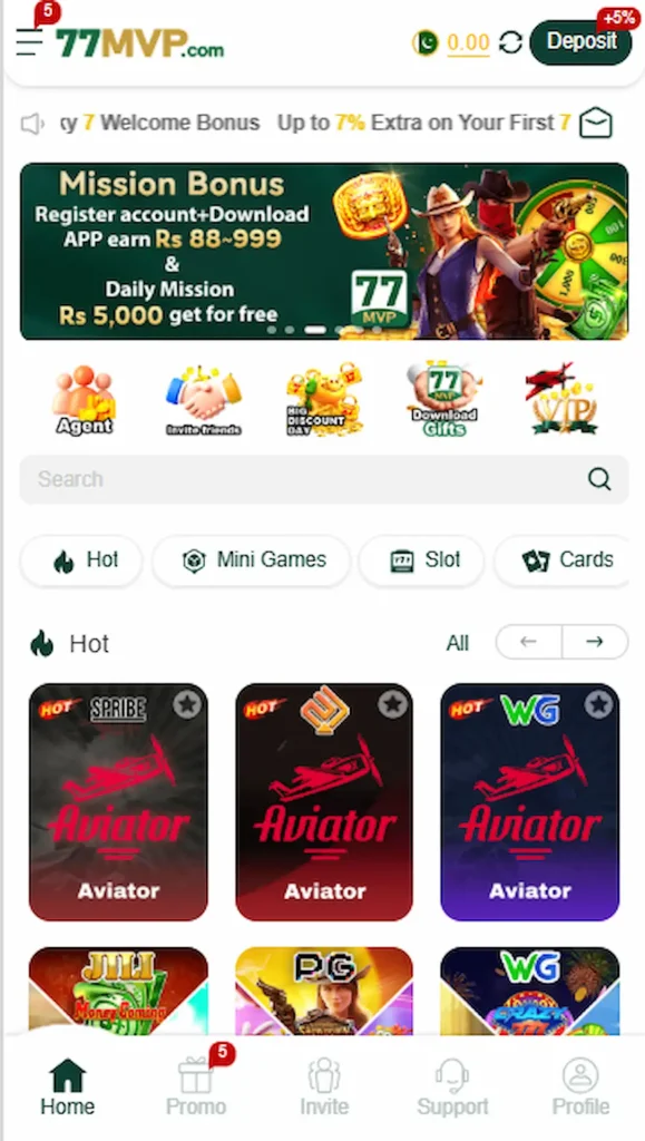 77MVP game home page with gaming interface