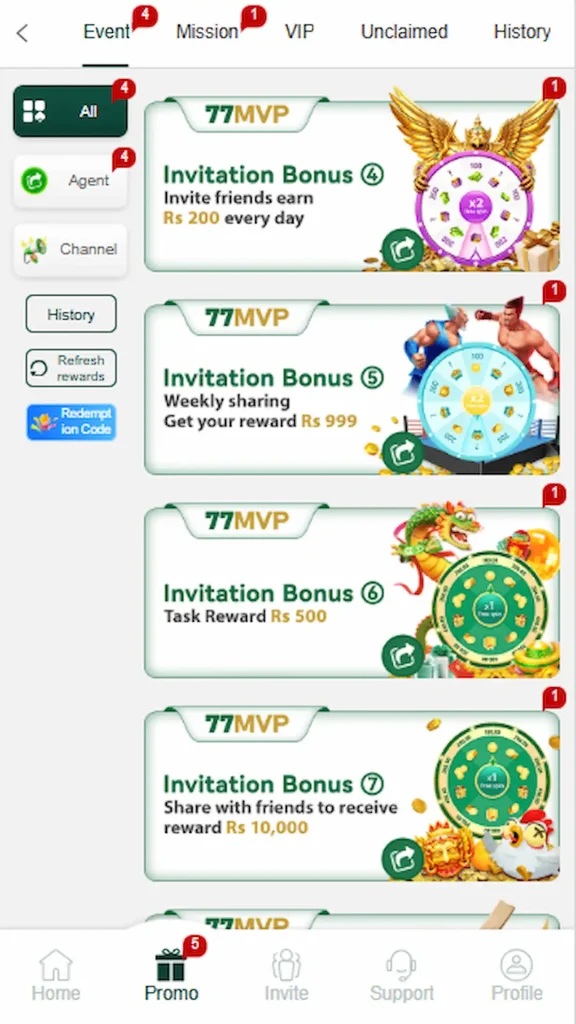 MVP77 game promo page showing bonuses and offers