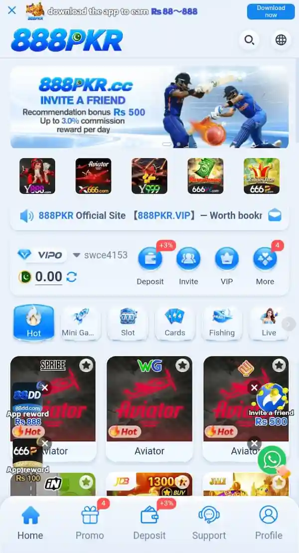 888 PKR Game Home Screen and App Features