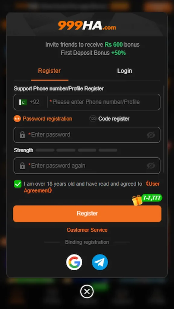 HA999 game registration page in Pakistan