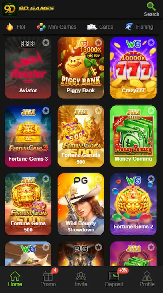 9 D Game gameplay and games page interface