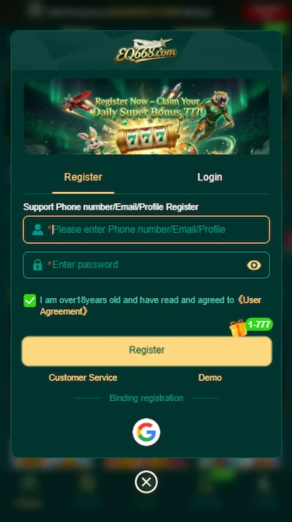 EQ 668 Game promotional banner displaying welcome bonus offers, daily login perks, and referral rewards