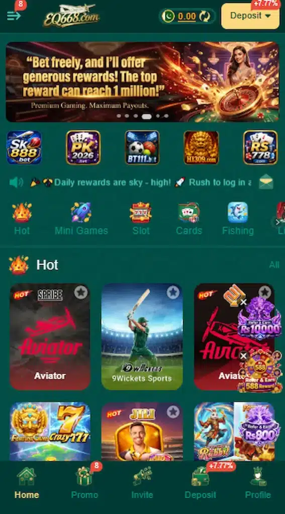 EQ668 Game home page banner featuring mobile interface with JazzCash and EasyPaisa integration