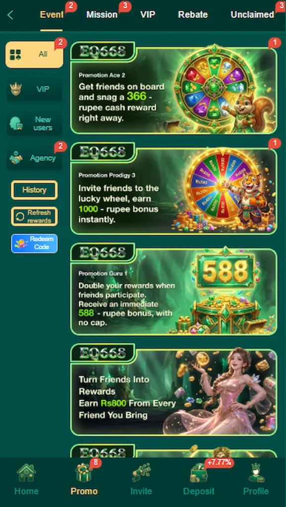 EQ 668 Game promotional banner displaying welcome bonus offers, daily login perks, and referral rewards