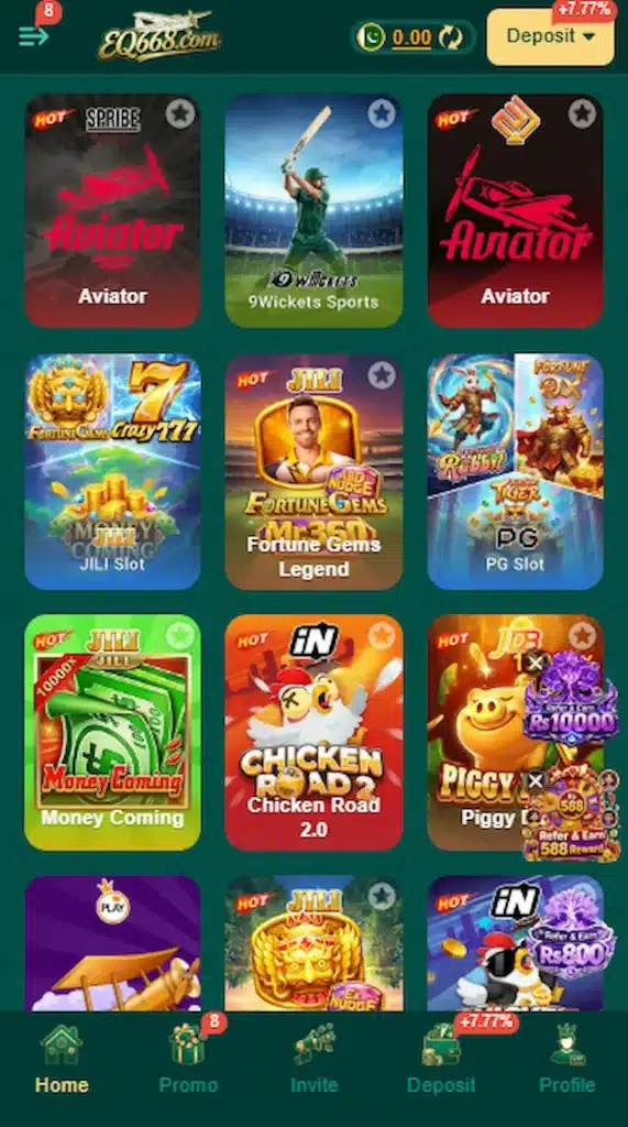 EQ 668 Game section showcase displaying slot reels, card tables, color prediction, and fish shooting modes