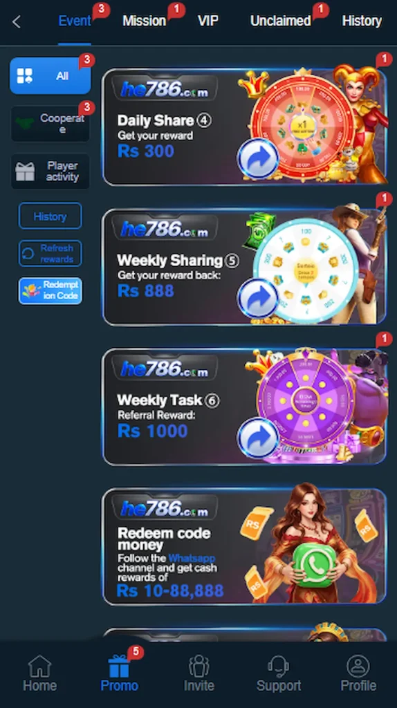 HE786 game promo banner with bonus rewards and referral offer