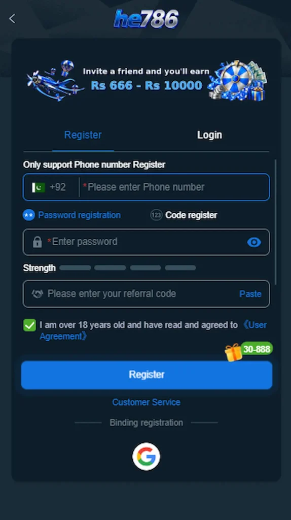 HE 786 registration screen with mobile number and invite code fields