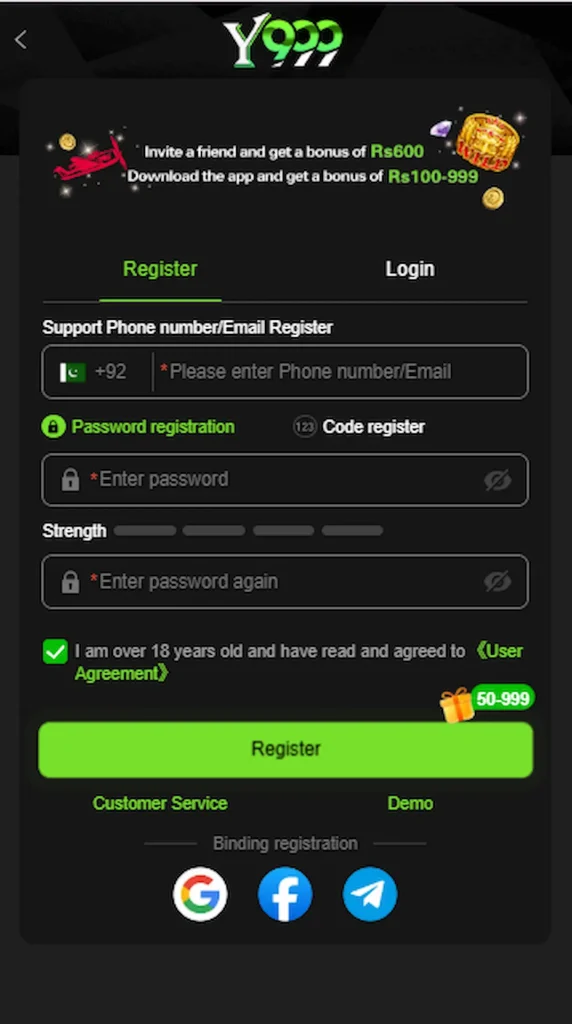 Y999 game registration screen for secure new account setup