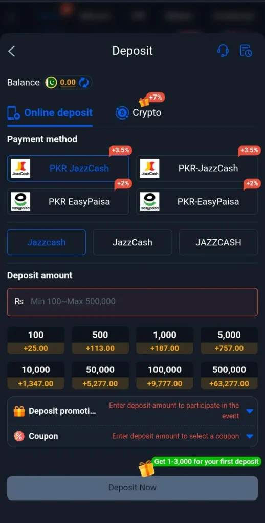 pak67 game deposit channel options showing jazzcash & easypaisa