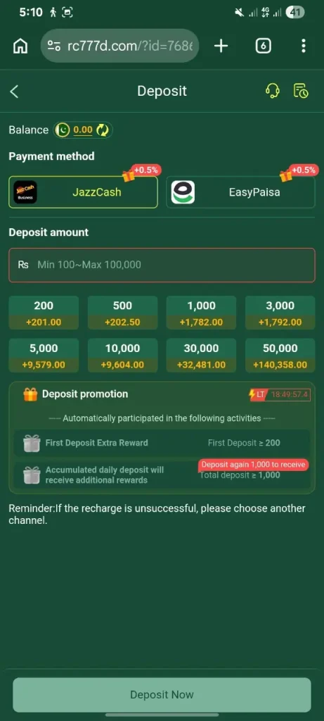 RC777 deposit page showing JazzCash, Easypaisa, and crypto payment options
