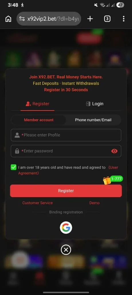 x92bet game register & Login Page