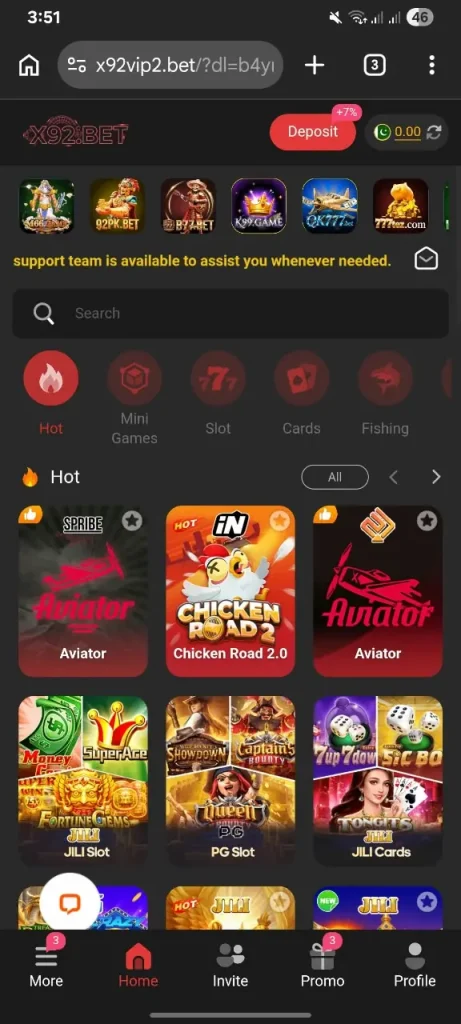 x92Bet Game Home Interface screen
