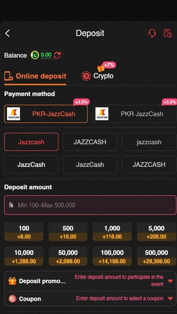999 Q Game deposit and fast withdrawal options using JazzCash and Crypto