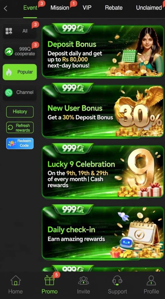999 Q Game promotional banner showing 30% deposit bonus and referral rewards